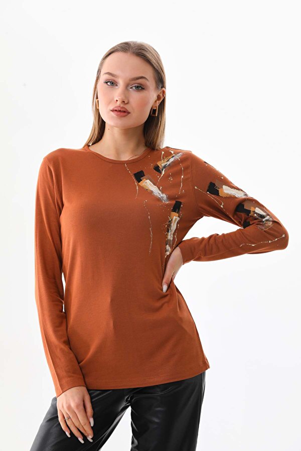 Sistas Kadın Desenli Bisiklet Yaka Uzun Kol Bluz 23598 Camel