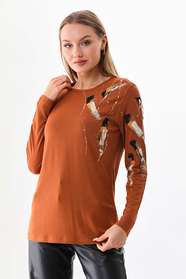 Sistas Kadın Desenli Bisiklet Yaka Uzun Kol Bluz 23598 Camel