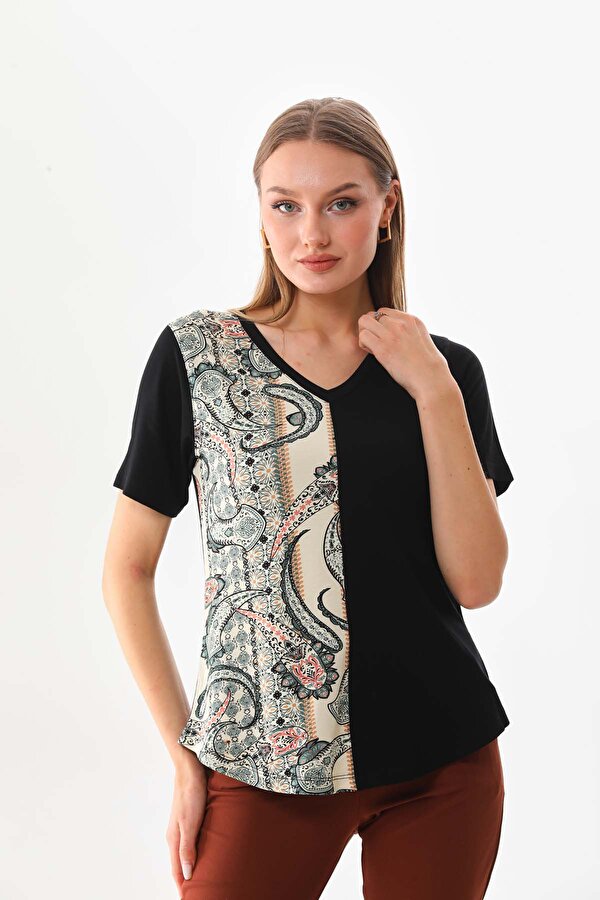 Sistas Kadın V Yaka Yarısı Desenli Kısa Kol Bluz 23181 Siyah