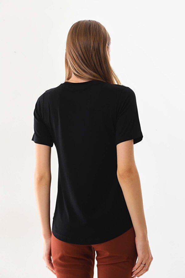 Sistas Kadın V Yaka Yarısı Desenli Kısa Kol Bluz 23181 Siyah