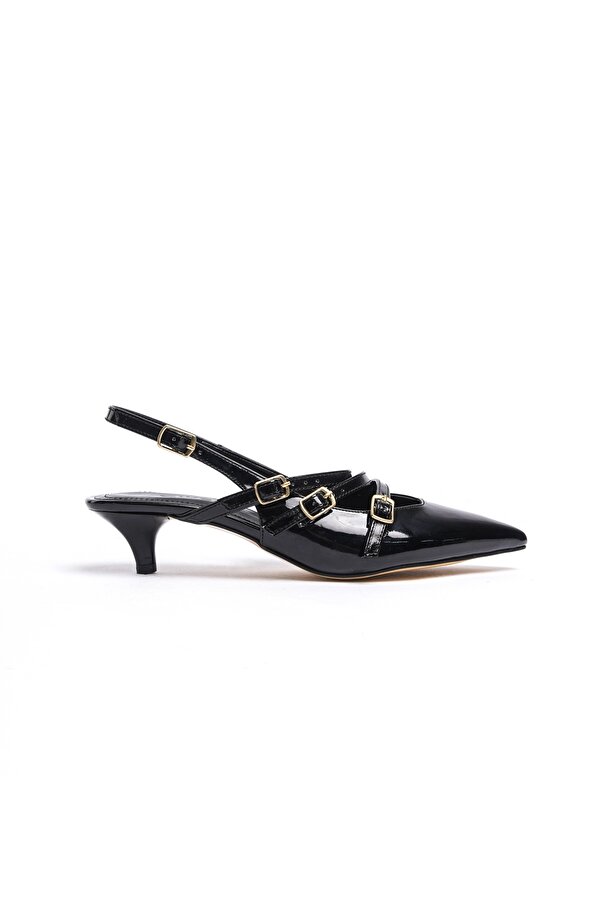 Divolya Vendy Siyah Rugan (3cm) Topuklu Sivri Burun Üç Bantlı Günlük Ayakkabı