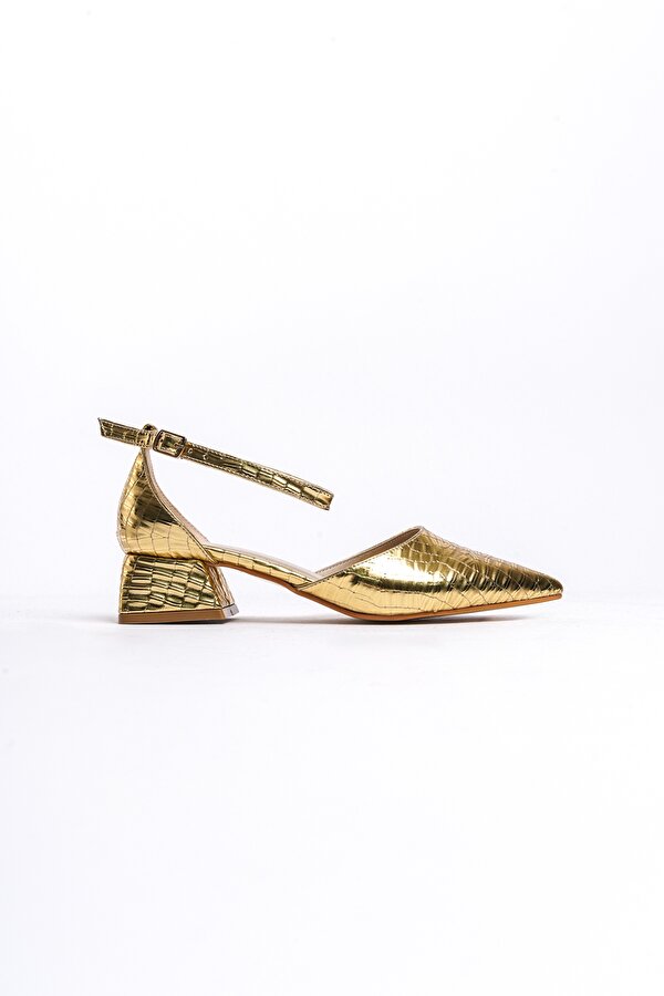 Divolya Yapra Gold Kroko Sivri Burun (4CM) Topuklu Günlük Ayakkabı
