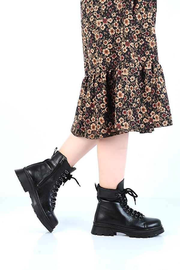 BULLDOZER 240804-Z Siyah Kürklü Deri Kadın Düz Bot