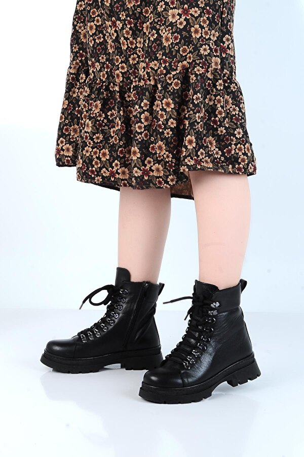 BULLDOZER 240804-Z Siyah Kürklü Deri Kadın Düz Bot