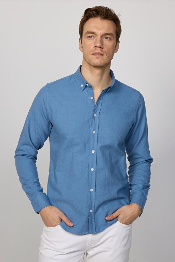 Tudors Slim Fit Uzun Kol Biyeli Yaka Düğmeli Keten İndigo Erkek Gömlek