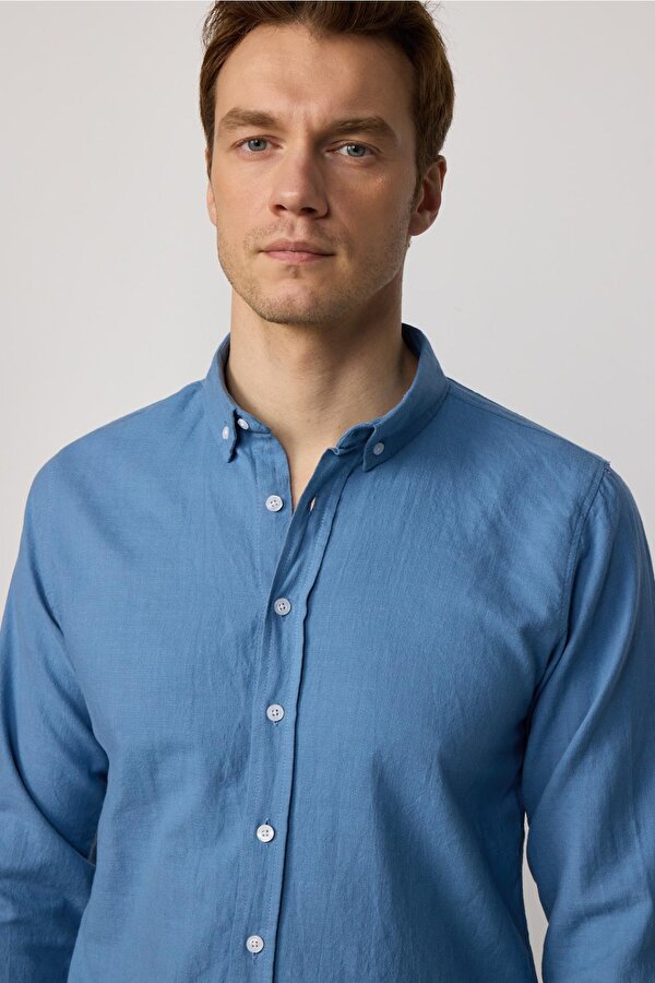 Tudors Slim Fit Uzun Kol Biyeli Yaka Düğmeli Keten İndigo Erkek Gömlek