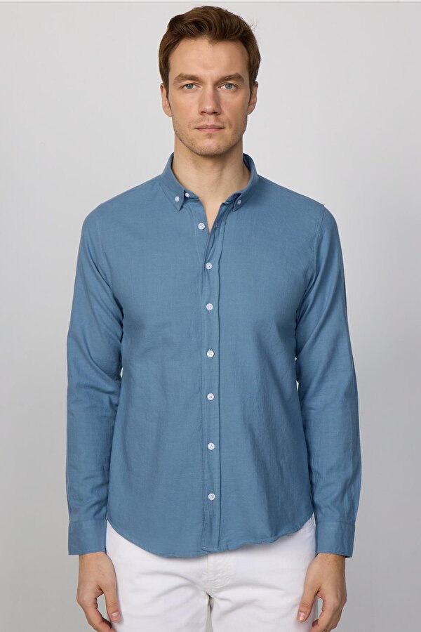 Tudors Slim Fit Uzun Kol Biyeli Yaka Düğmeli Keten İndigo Erkek Gömlek