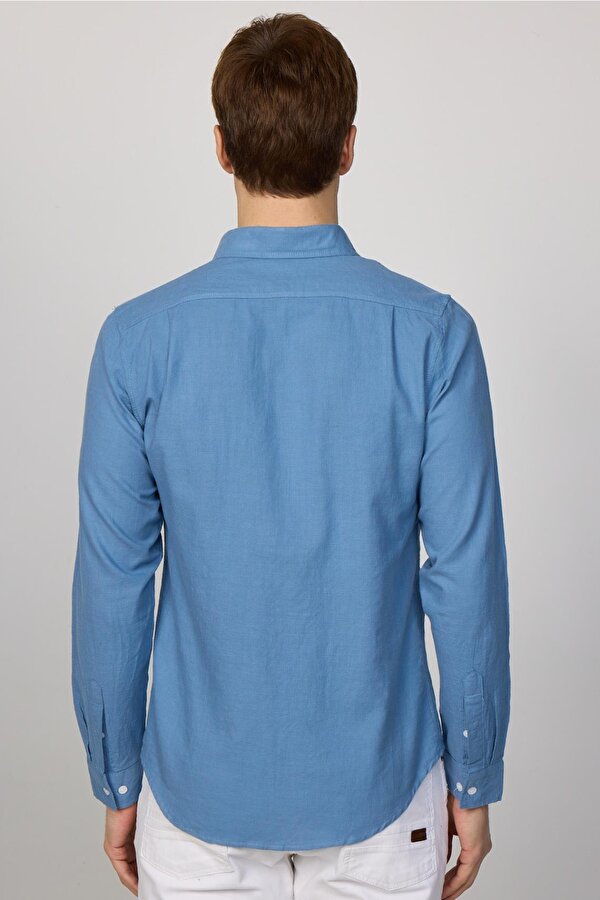 Tudors Slim Fit Uzun Kol Biyeli Yaka Düğmeli Keten İndigo Erkek Gömlek