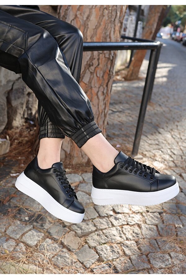 Tomiross -Carol Kadın Siyah Beyaz Poli Taban Bağcıklı Spor Sneaker Ayakkabı CRL-2810