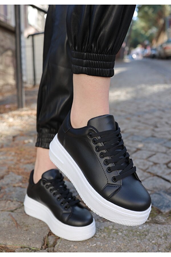 Tomiross -Carol Kadın Siyah Beyaz Poli Taban Bağcıklı Spor Sneaker Ayakkabı CRL-2810