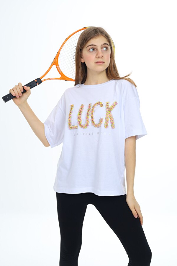 Cansın Mini Beyaz Luck Yazılı Bisiklet Yaka Kız Tişört 17804