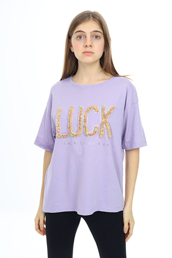 Cansın Mini Lila Luck Yazılı Bisiklet Yaka Kız Tişört 17803