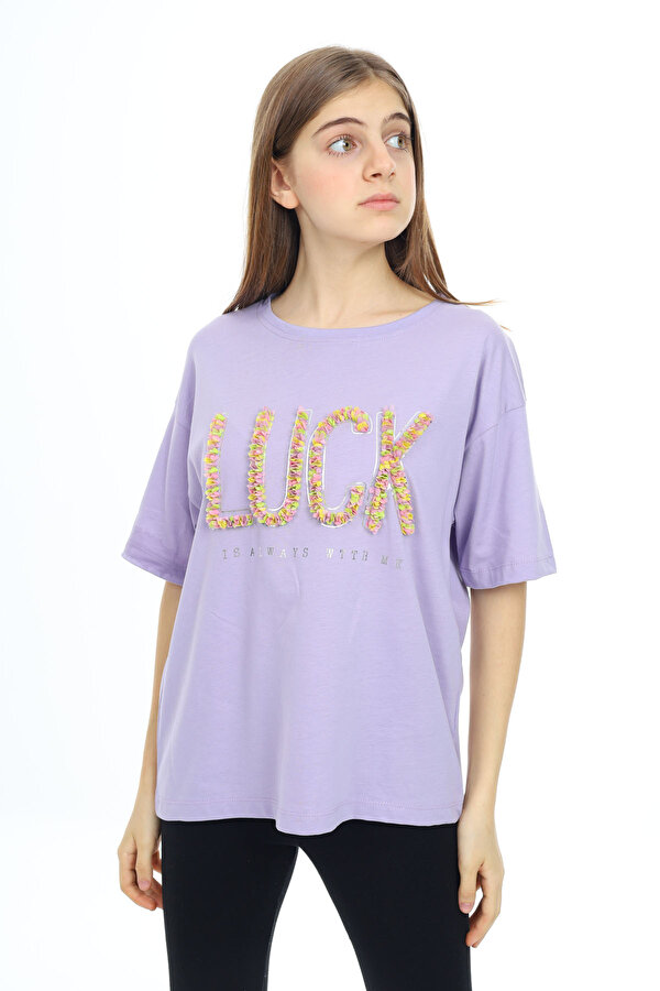 Cansın Mini Lila Luck Yazılı Bisiklet Yaka Kız Tişört 17803