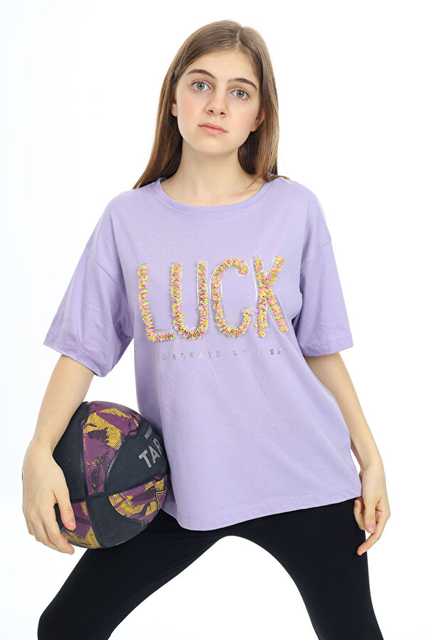Cansın Mini Lila Luck Yazılı Bisiklet Yaka Kız Tişört 17803