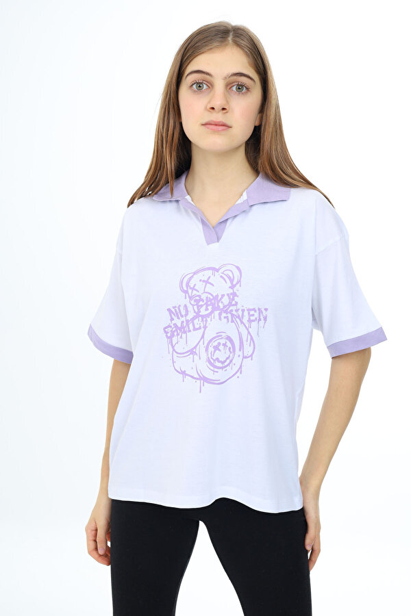 Cansın Mini Beyaz Ayıcık Baskılı Yakalı Oversize Kız Tişört 17821