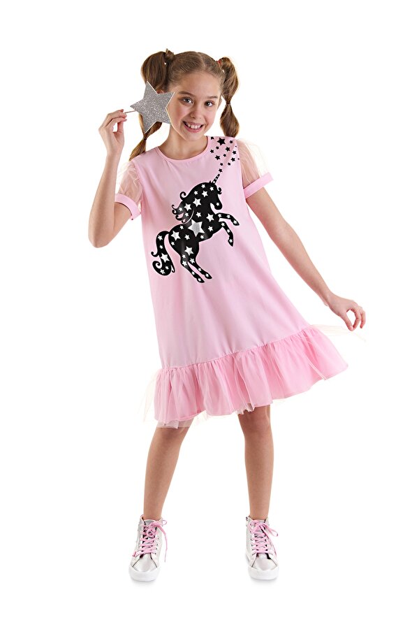 MSHB&G Yıldızlı Unicorn Kız Çocuk Pembe Tüllü Elbise