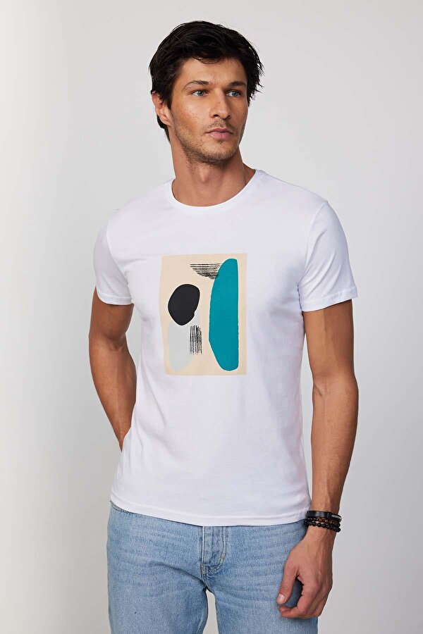 Tudors Erkek Slim Fit Dar Kesim %100 Pamuk Yumuşak Dokulu Baskılı Beyaz Bisiklet Yaka Tişört