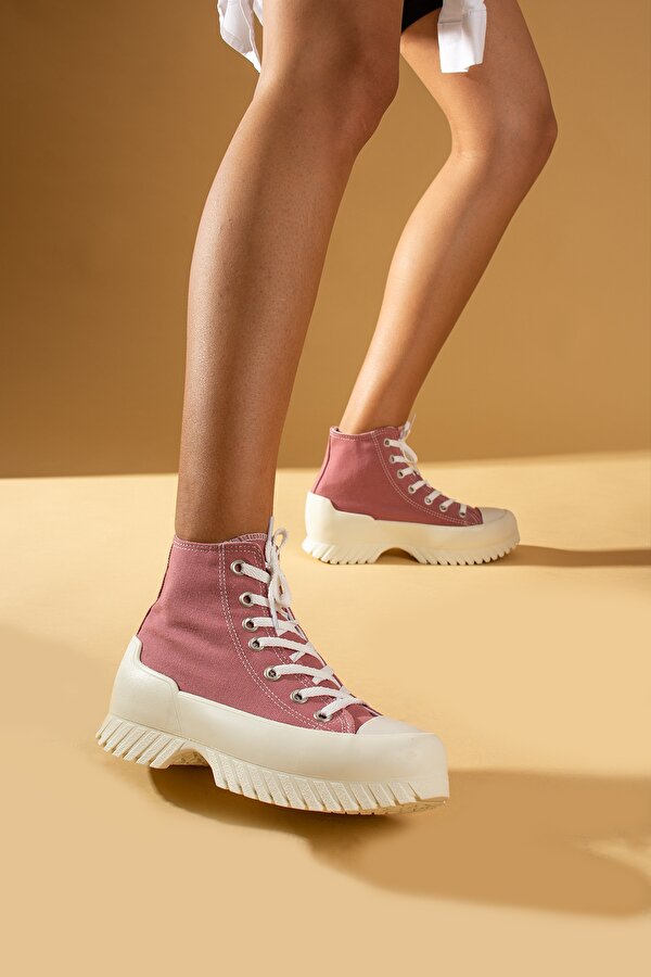 Pembe Potin Bağcıklı Kalın Taban Bilekte Keten Kadın Sneaker 57-102-23