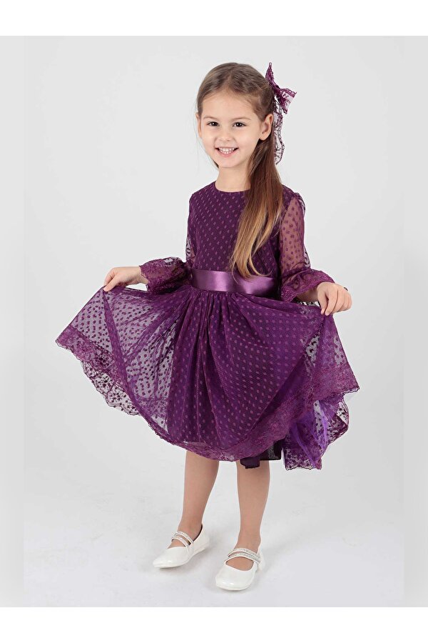 Ahengim Kız Çocuk Tokalı ve Tül Dantel Günlük Trend Elbise Ak2209
