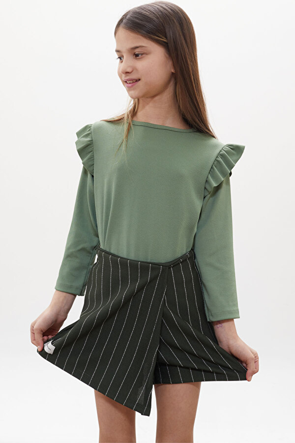 Cansın Mini Haki Çizgili Şort Etekli Volanlı Badili Kız Çocuk Takım 18269