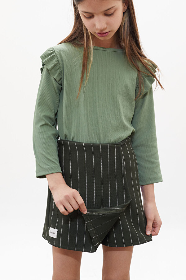 Cansın Mini Haki Çizgili Şort Etekli Volanlı Badili Kız Çocuk Takım 18269