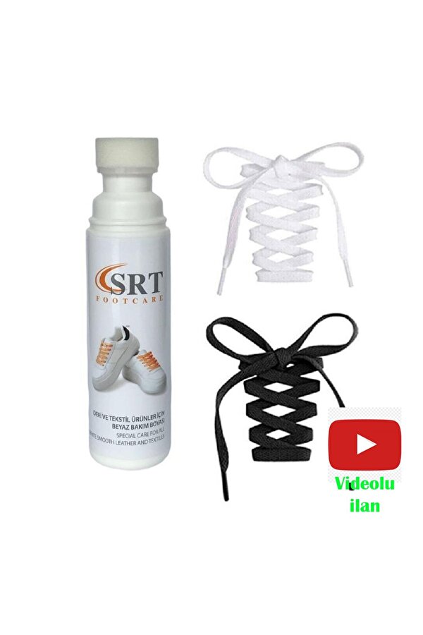 SRTfootcare Spor Beyaz Deri Ve Kumaş Ayakkabı Bakım Boyası 75 Ml 1 Adet + 2 Çift K103 Spor Siyah Beyaz Bağcık