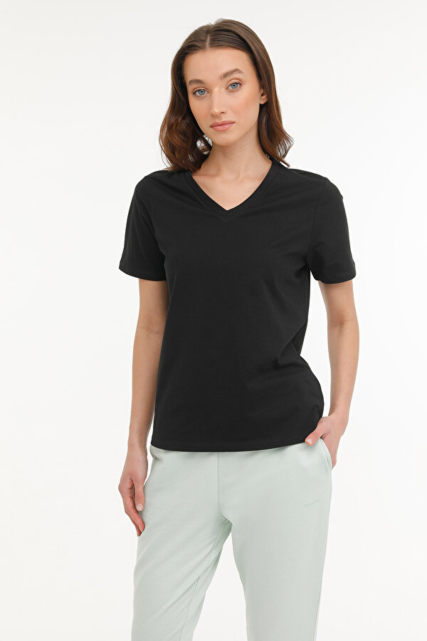 Kinetix WB V NECK 11SN227 4FX Siyah Kadın Kısa Kol T-Shirt