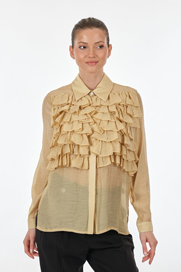 Sleen Gömlek Yaka Fırfırlı Uzun Kollu Bej Kadın Bluz 20377