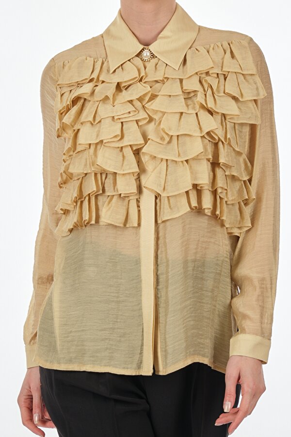 Sleen Gömlek Yaka Fırfırlı Uzun Kollu Bej Kadın Bluz 20377