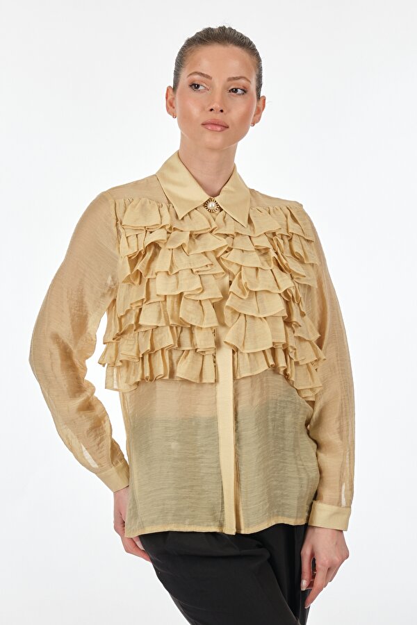 Sleen Gömlek Yaka Fırfırlı Uzun Kollu Bej Kadın Bluz 20377