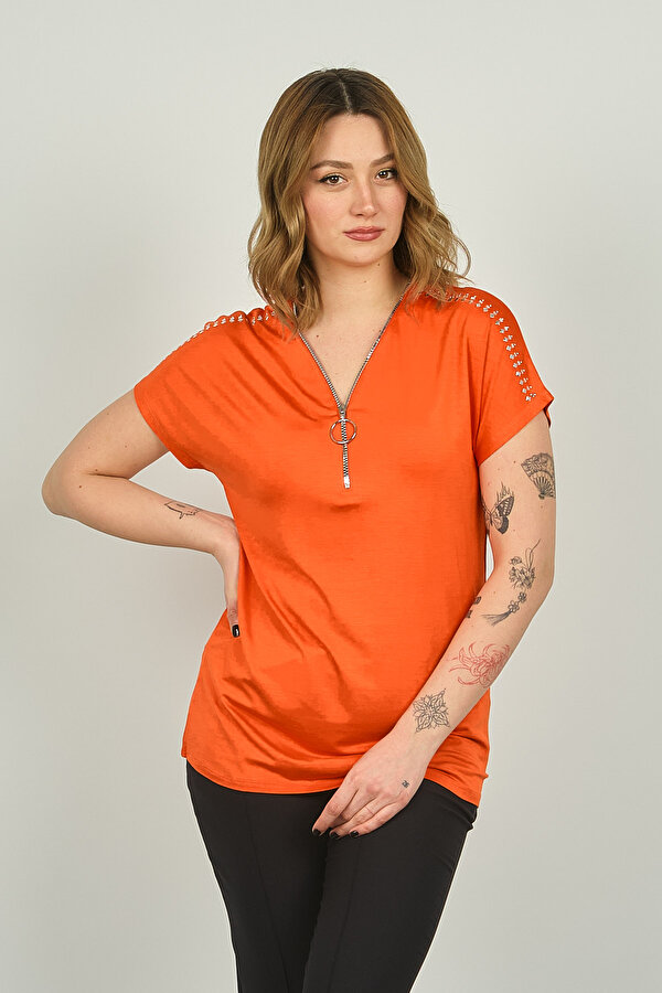 Ella Camelia Kadın Fermuarlı Kısa Kol Bluz 20E038 Oranj