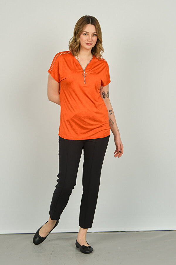Ella Camelia Kadın Fermuarlı Kısa Kol Bluz 20E038 Oranj