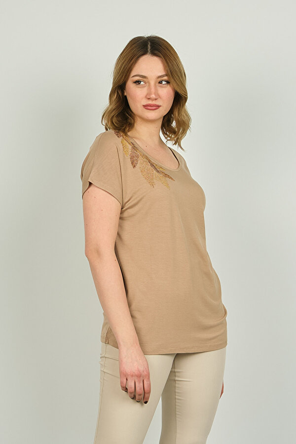 Ella Camelia Kadın Desenli Sırt Detaylı Kısa Kol Bluz 20E065 Vizon