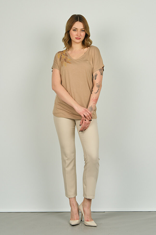 Ella Camelia Kadın Desenli Sırt Detaylı Kısa Kol Bluz 20E065 Vizon