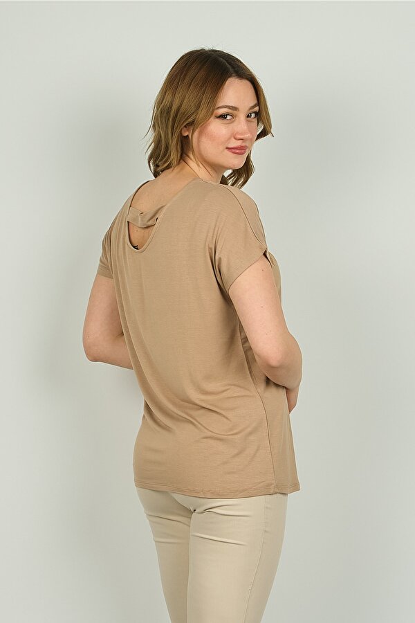 Ella Camelia Kadın Desenli Sırt Detaylı Kısa Kol Bluz 20E065 Vizon