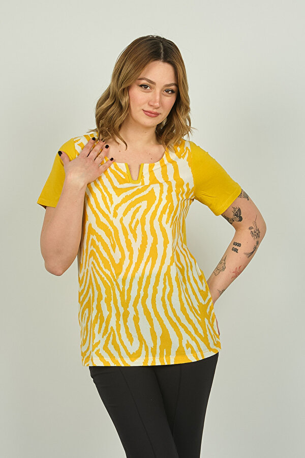 Ella Camelia Kadın Zebra Desenli Kısa Kol Bluz 20E016 Sarı