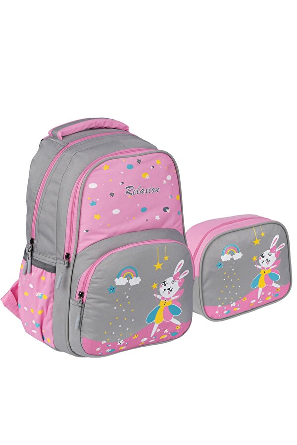 Relaxion Rlx-1340 Kız çocuk Beslenmeli ilk okul çantası Tavşan ve Filamingo Desenli PEMBE