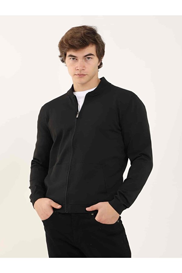 Dufy Siyah Erkek Slim Fit Düz Bomber Yaka  Kazak - 96352