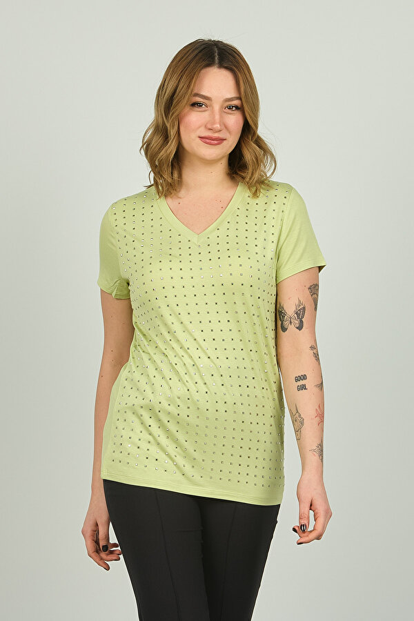 Ella Camelia Kadın Ön Kısım Parlak Taş İşlemeli V Yaka Kısa Kol Bluz 20E007 Limon