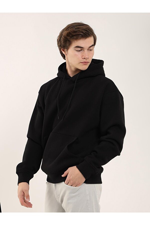 Dufy Siyah Erkek Oversize Düz Pamuklu Kapüşonlu Sweatshirt