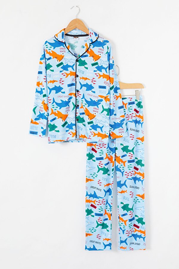 Cansın Mini Mavi Balık Baskılı Düğmeli Erkek Çocuk Pijama Takımı 18672
