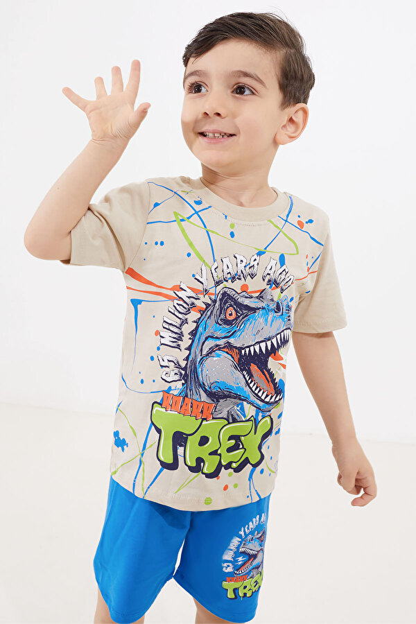 Cansın Mini Mavi T-rex Baskılı Yazılı Erkek Çocuk Şortlu Takım 18711