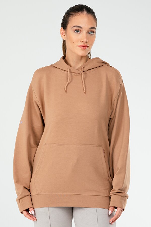 Speedlife Camel Regular Pamuklu Kapüşonlu Kanguru Cep Kadın Sweatshirt SC1179