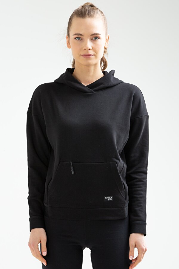 Speedlife Siyah Regular Pamuklu Kapüşonlu Kanguru Cep Kadın Sweatshirt SC0961