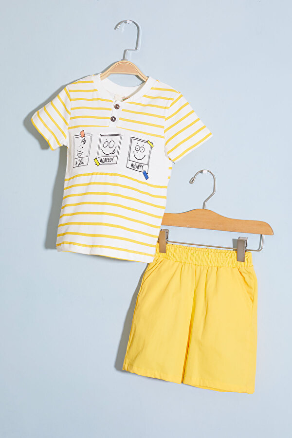 Cansın Mini Erkek Bebek Sarı Çizgili Emoji Baskılı Şortlu Takım 18599