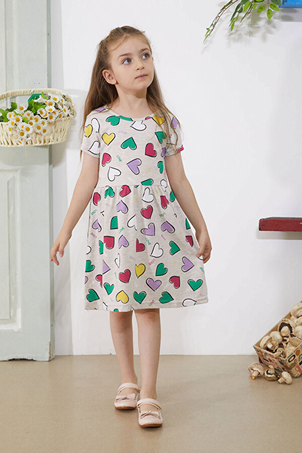 Cansın Mini Krem Kalp Baskılı Kısa Kollu Kız Çocuk Elbise 18782