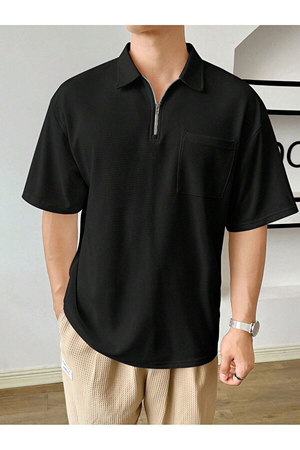 Erkek Oversize Polo Yaka Waffle T-Shirt POLOYAKA-FERMUARLI