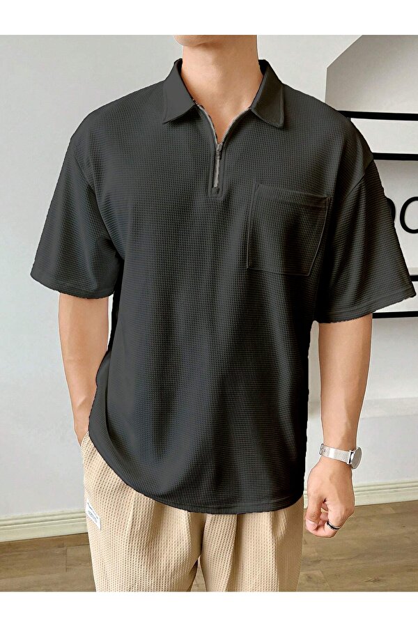Erkek Oversize Polo Yaka Waffle T-Shirt POLOYAKA-FERMUARLI
