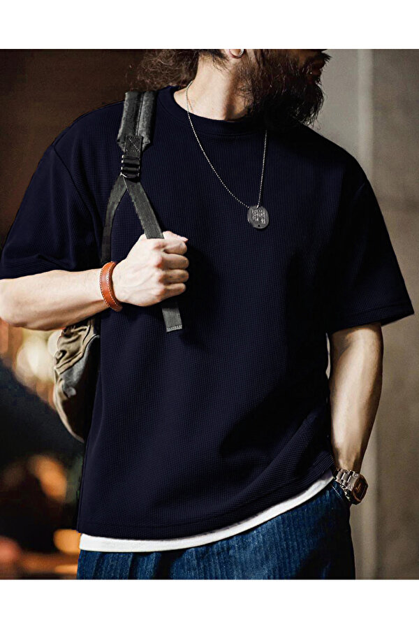 GENIUS STORE Erkek Oversize Bisiklet Yaka Kısa Kollu Waffle Tişört WAFFLE-BİSİKLETYAKA