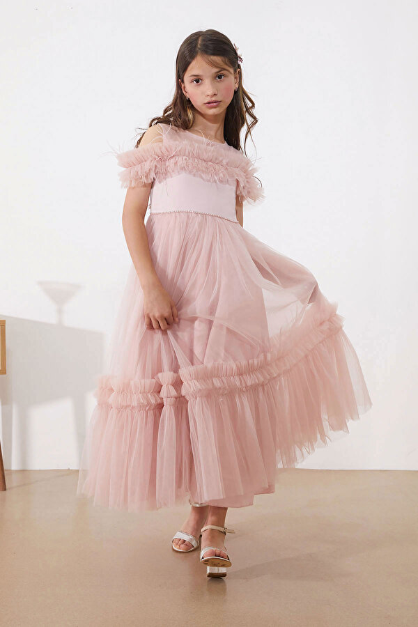 Cansın Mini Pembe Taşlı Tüy Detaylı Kız Çocuk Tüllü Abiye Elbise 18954